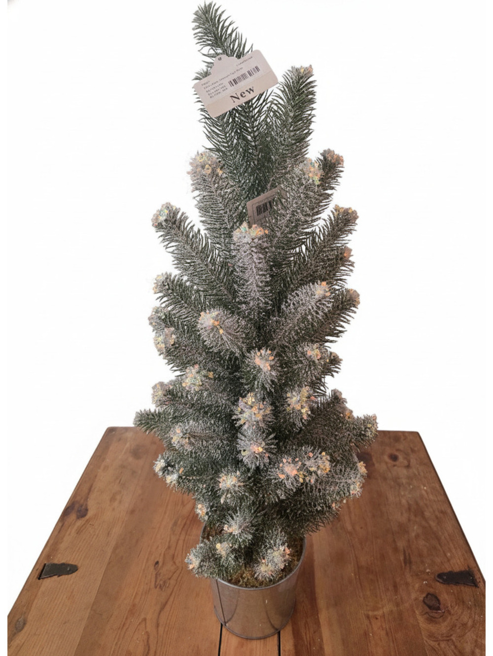 Frosted Artificial Pine Tree in Metal Pot with Crystal Decorations